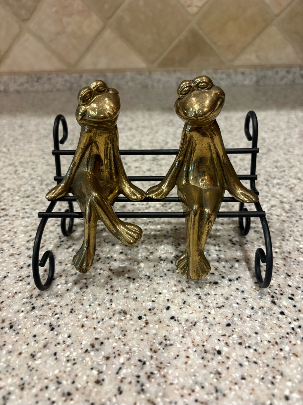 Brass Frog Figurine Duo on Black Metal Bench - Decorative Home Accent